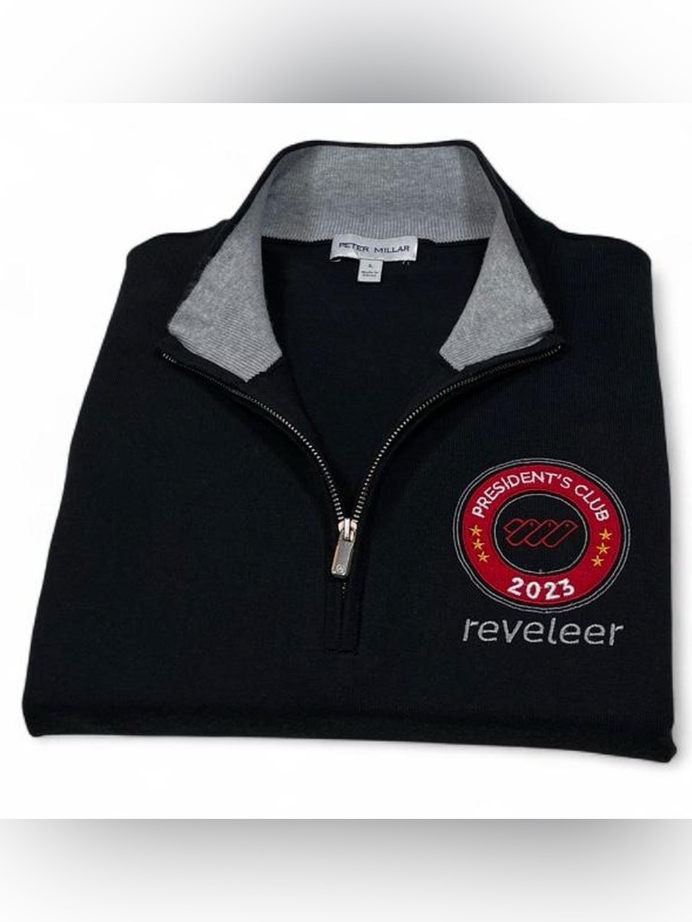 Peter Millar Black Quarter-Zip Sweater with Grey Collar and Red Emblem